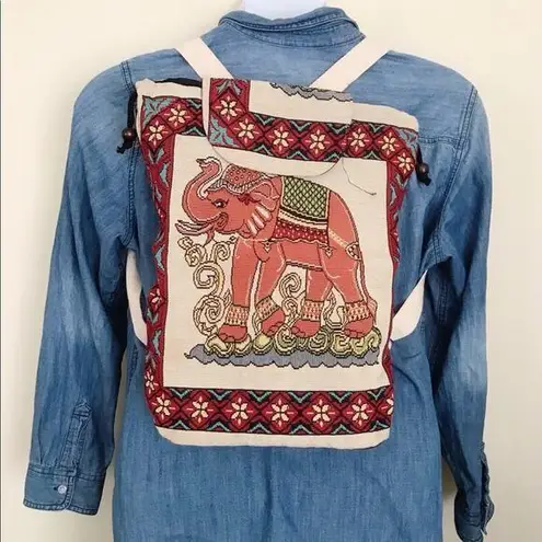 Thai Boho Tribal Folk Natural Vegan Cloth Fabric Tapestry Elephant Backpack Bag Red