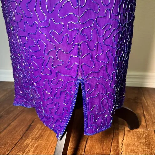 Laurence Kazar Silk Purple and Gold Embellished Sheath Dress