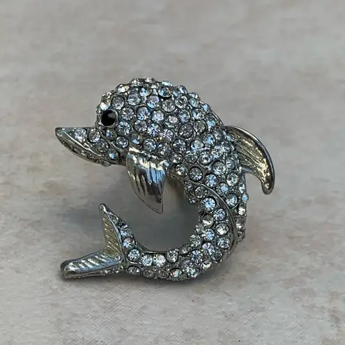 Silver Tone Crystal Ocean Beach Dolphin Ring