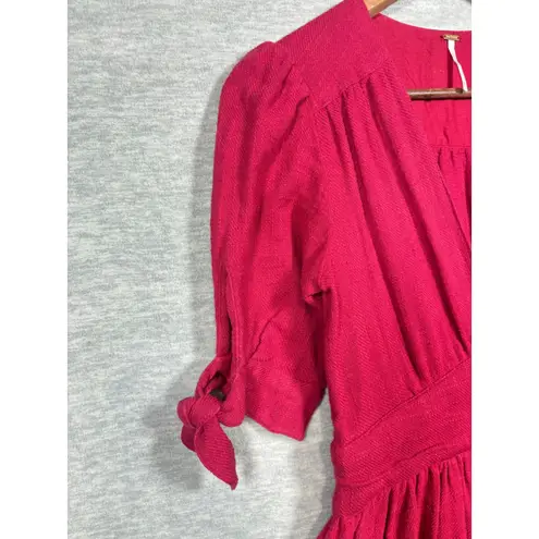 Free People  XS Dress Love of My Life Red V Neck Button Front Midi Tie Sleeve