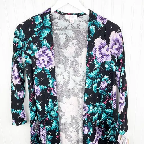 LuLaRoe NEW  Sarah Duster Cardigan Kimono Black Floral Cross Stitch Print Size XS