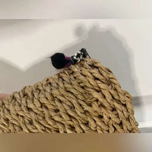 Handmade Unbranded Savanna Weave Styled Woven Bag w/ Black Trim Pom-Poms and Ribbon