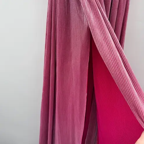 Bronx and Banco Sonny Strapless Cut Out High Slit Maxi Dress Gown in Metallic Rose