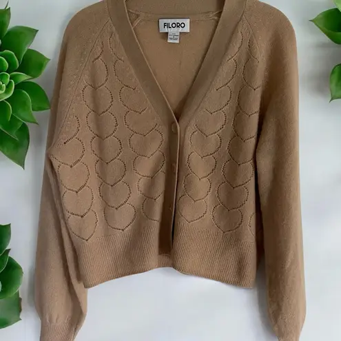 Filoro Pointelle Heart 2 Ply 100% Cashmere Cardigan Honey Size Small Swe… Tan