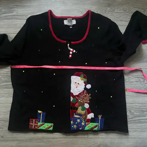 Tiara International Black Santa Christmas Full Zip Cardigan Sweater Size 14/16