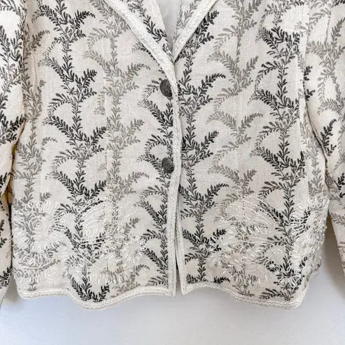 Coldwater Creek Womens Blazer Size M Cream Botanical Embroidered Cottage Fairy