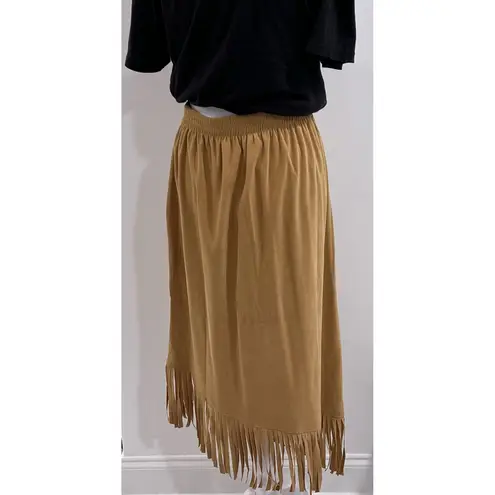 Denim & Co Vintage . Tan Suede Midi Fringe Skirt