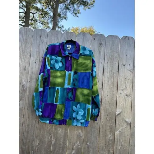 Vintage 90s Sport Savvy women Windbreaker Jacket Full Zip Floral Medium Purple Blue