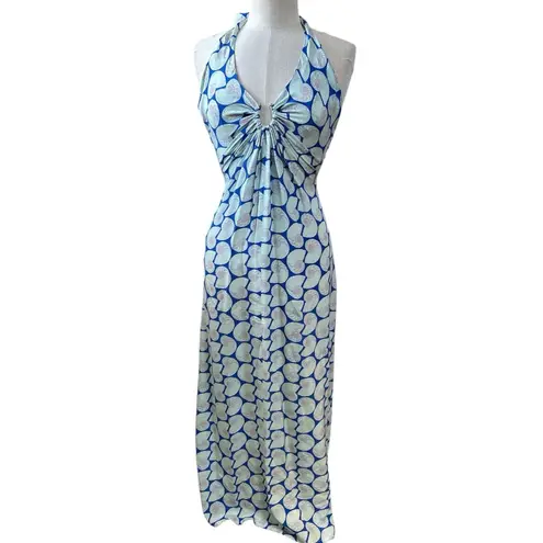 Lotty B. Mustique Blue Shell Print Halter Maxi Dress 100% Silk Small Resortwear