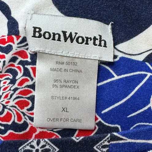 Bonworth Shirt Womens XL Blue Red White Bell Sleeve Floral Patchwork Office Soft