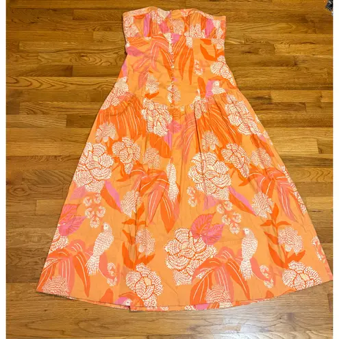 Farm Rio Women’s Large Linen Blend Orange Strapless Drop Waist Maxi Dress Floral