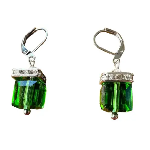 Light Emerald Earrings New Square Cube Rhinestones May Wedding Bride Cru… Green