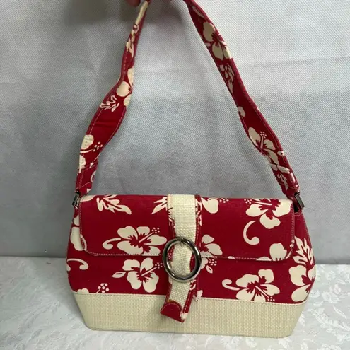 Source Unknown Red Floral Tropical Handbag with Straw Rattan Bottom Lining Medium‎ Sized