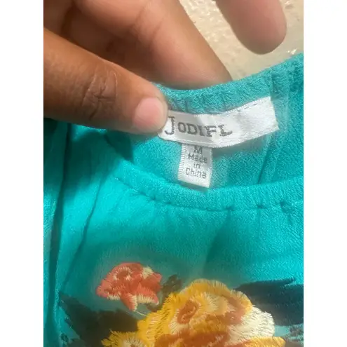 JODIFL Turquoise Embroidered Floral Off Shoulder Pom Pom Top Medium