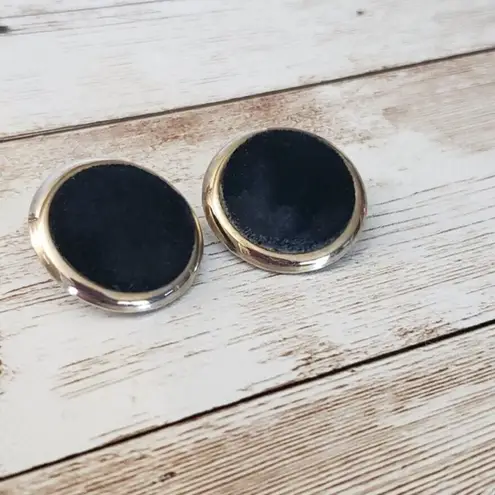 Vintage Clip On Earrings Black Fabric Circle with Gold Tone Halo