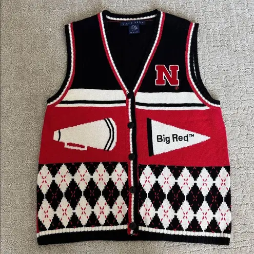 Vintage Nebraska Football Cornhuskers Sweater Vest argyle black white red button Size M