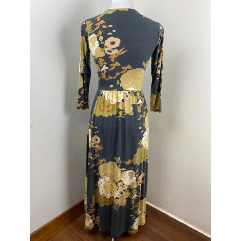 Novella Royale Floral Knit Long Sleeve Mary Midi Dress in Grey Gardens XS Autumn