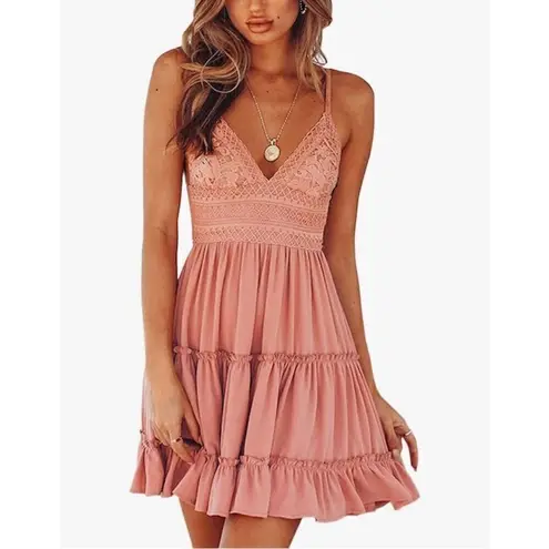 Ecowish ‎ Womens V-Neck Spaghetti Strap Bowknot Backless Sleeveless Lace Mini