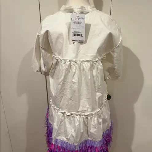 Blue B Collection White Dress with Purple Pink, blue & Red Feather Trim, NWT, S - Image 4
