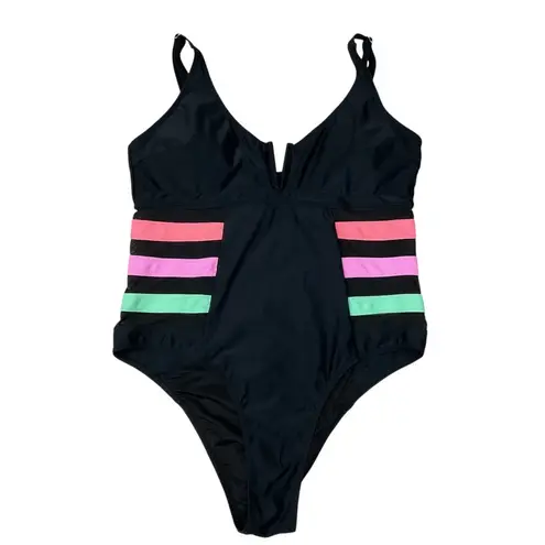 Women's One Piece Bathing Suit V Wire Color Block Mesh Waist Swimsuit Size XL Black