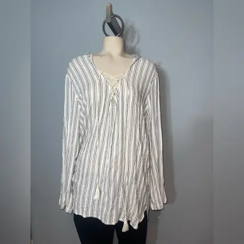 Billabong  Swim beach Coverup L White gray Stripe Hooded Lace Up Cotton Resort