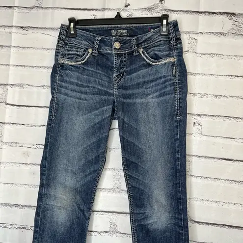 Silver Jeans Blue Straight Leg Suki Mid Rise Capri Pants SZ W27 Distressed Denim