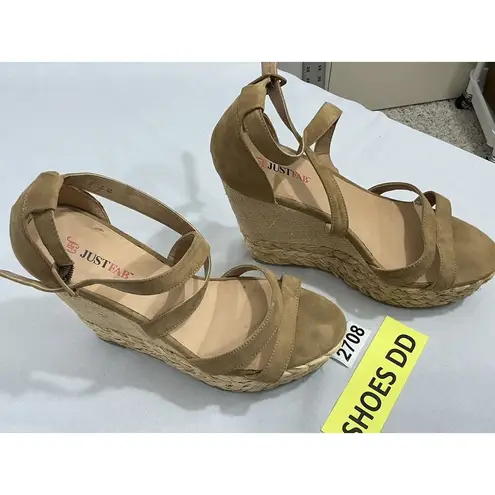 Womans Just Fab 9 Strappy Open Toe Tan Faux Suede Espadrille Wedge Sandals Brown