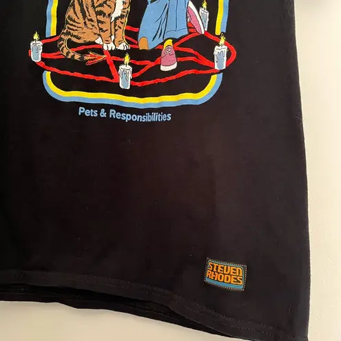 STEVEN RHODES Vintage Caring For Your Demon Cat Graphic Tee Unisex Sz S EUC Black thumbnail 2