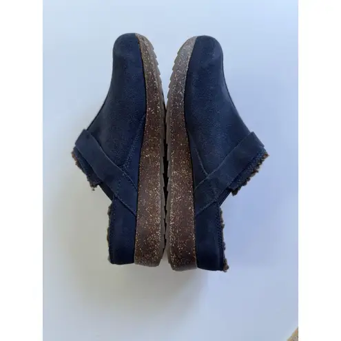 Sporto Blue Suede Leather Clogs Slip On 1” Heel 8M Faux Sherpa Lined Buckle