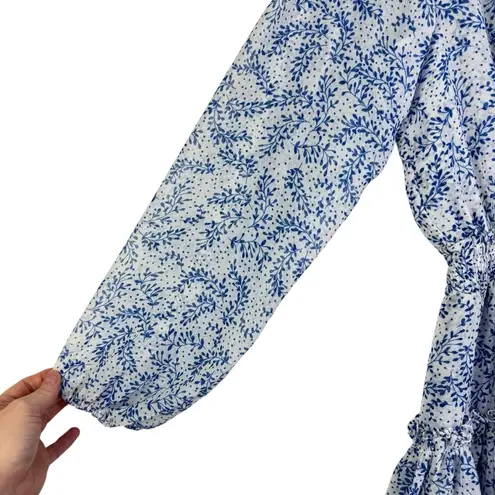 MISA Los Angeles Lorena Dress White and Blue Floral Print Tiered Swing XS XSmall