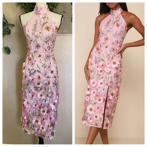 Lulus NWOT  Unique Impression Pink 3D Floral Embroidered Halter Midi Dress