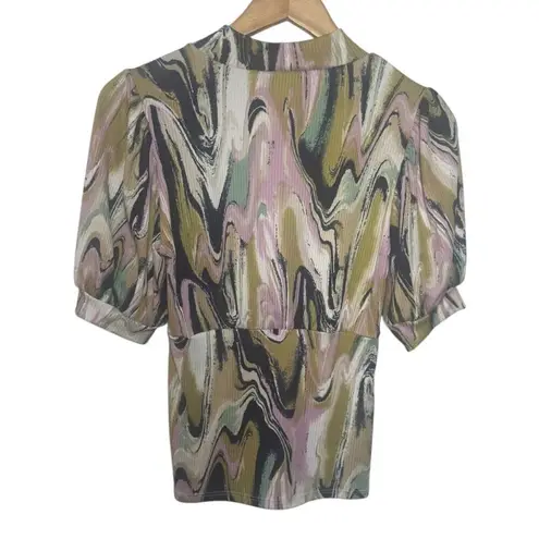 Vine & Love Top Women S Marbled Pattern Bust Cut Detail Mock Puff 90s Bratz