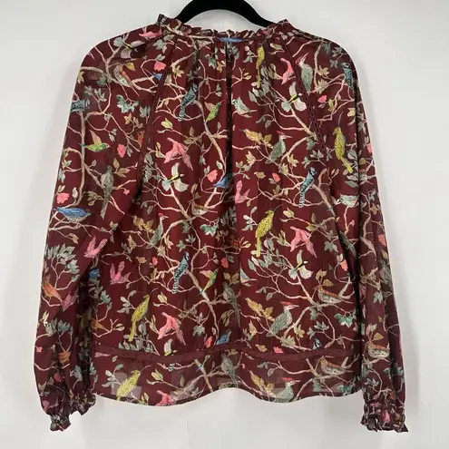 J. Crew Point Sur Ruffle Neck Popover Top Blouse Menagerie Bird Print Small Brown