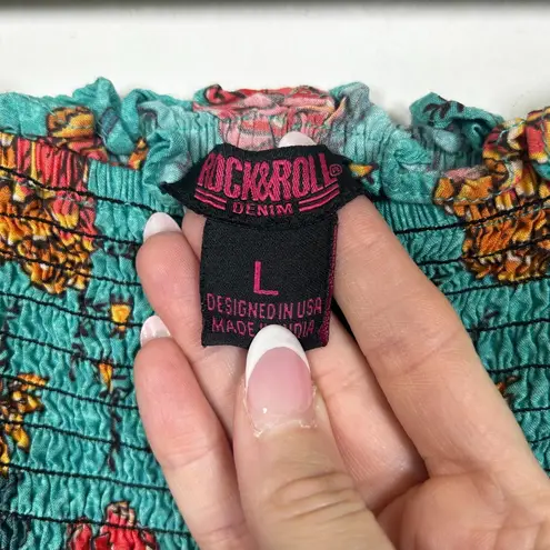 Rock & Roll Denim Large Long Balloon Sleeve Crop Top Teal Floral Smocked Boho