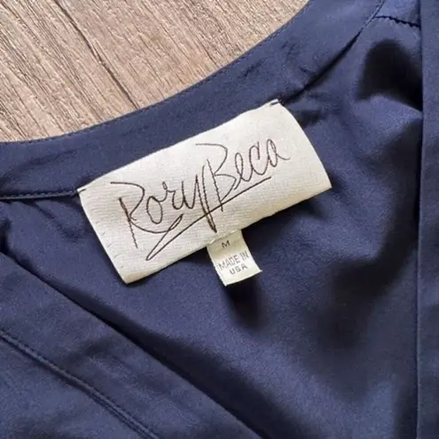 Rory Beca Women's Silk Satin V Neck Long Sleeve Mini Dress Navy Blue Size Medium