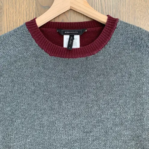 BCBGMAXAZRIA Lora Crew Neck Sweater with Zip Detail Heather Grey / Garnet Size M