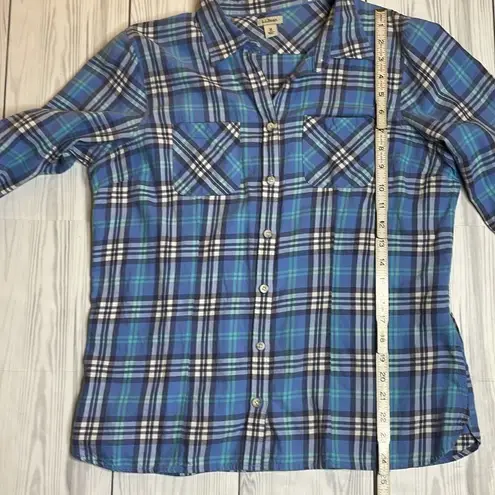 LL Bean Blue Plaid Light Weight Womens Button Down Medium Blue - Image 4