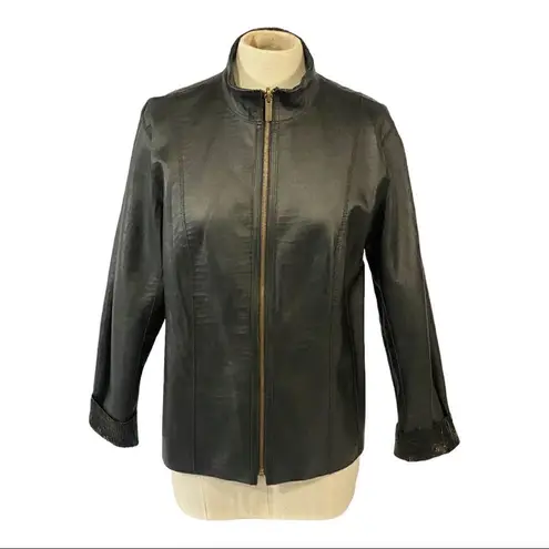 Reversible Faux Black Leather Moto & Animal Print Lightweight Jacket Black Size M