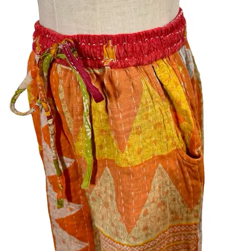 Kantha Wide Leg Drawstring Pull On Pants Handmade Boho Patchwork Orange Size undefined