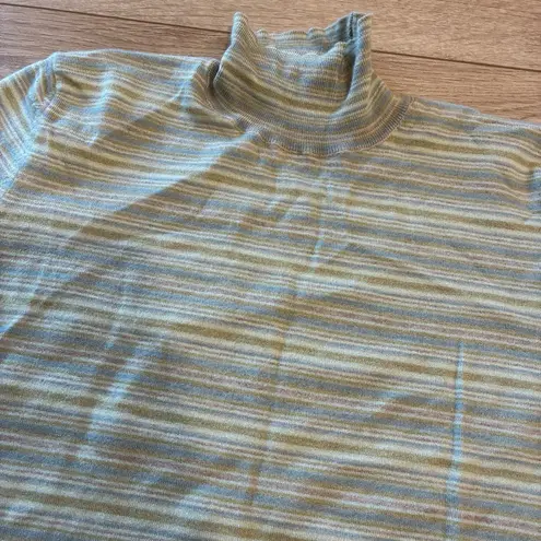 Akris  Women’s Green Blue Striped Short Sleeve Cashmere Silk Sweater Size 10