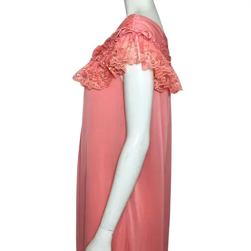Handmade Vintage 60s Coral Peignoir Nightgown Coquette Lace Midi Slip S/M Retro Pink