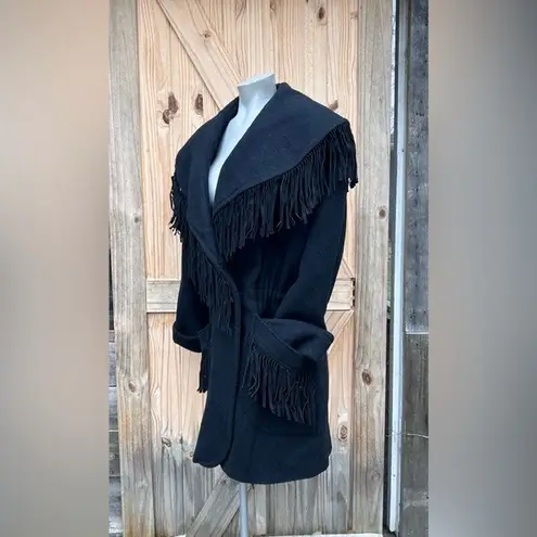 Vintage 80s Black Wool Suede Leather Fringe Concho Southwestern Coat~M~