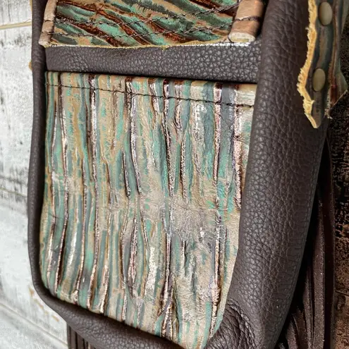 Multicolored metallic leather crossbody purse. Double Fringe, phone pocket