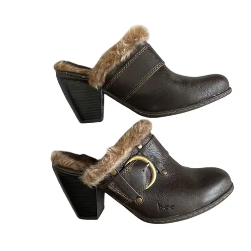 Boc by Born Brown Leather Faux Fur Lining Heeled Clog Mule Women’s Size 7 Boho