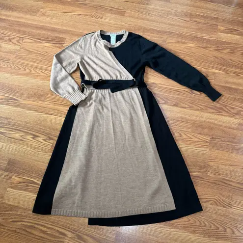 Akris Punto Colorblock Virgin Wool Wrap Midi Dress Beige Black Size 14
