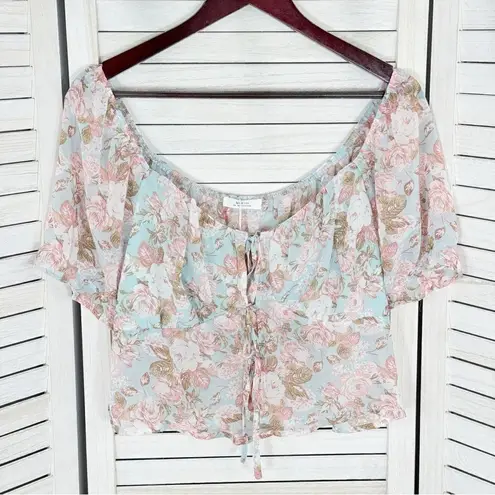 Active USA  Sheer Floral Chiffon Tie Front Crop Blouse Blue Pink 1XL Puff Sleeve