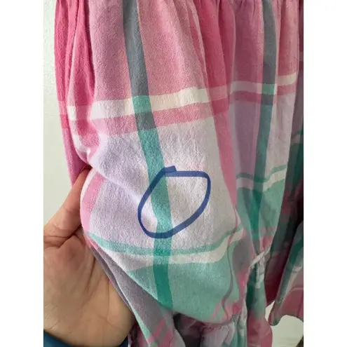 Phases Vintage Pink Green Plaid Tiered Midi Dress Sz Large Boho Preppy Romantic