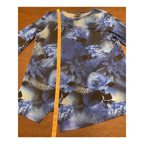 Clara Sun Woo Blue Floral Print Tunic Top Long Sleeve Asymmetric Hem Stretch SM Size L