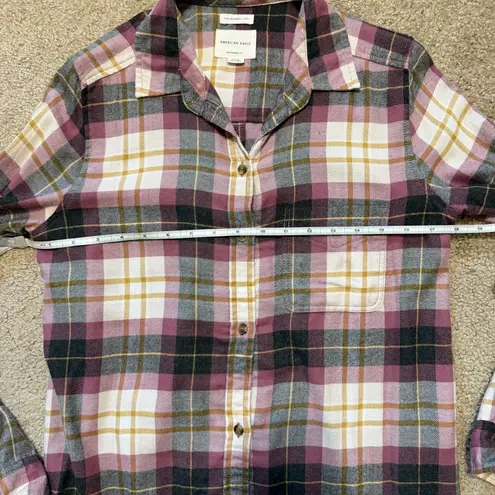 American Eagle  plaid flannel soft button-down, berry, yellow, & gray size small
