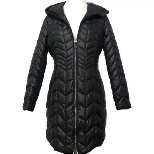 Kenneth Cole New York Black Multi Quilt Hooded Cire Coat Small EUC